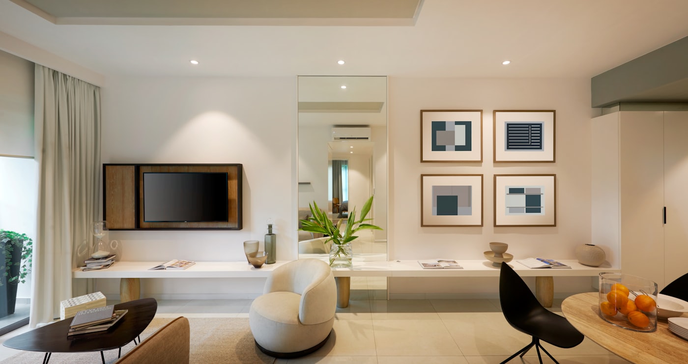 Sala de estar moderna e arrumada de um apartamento de alojamento local